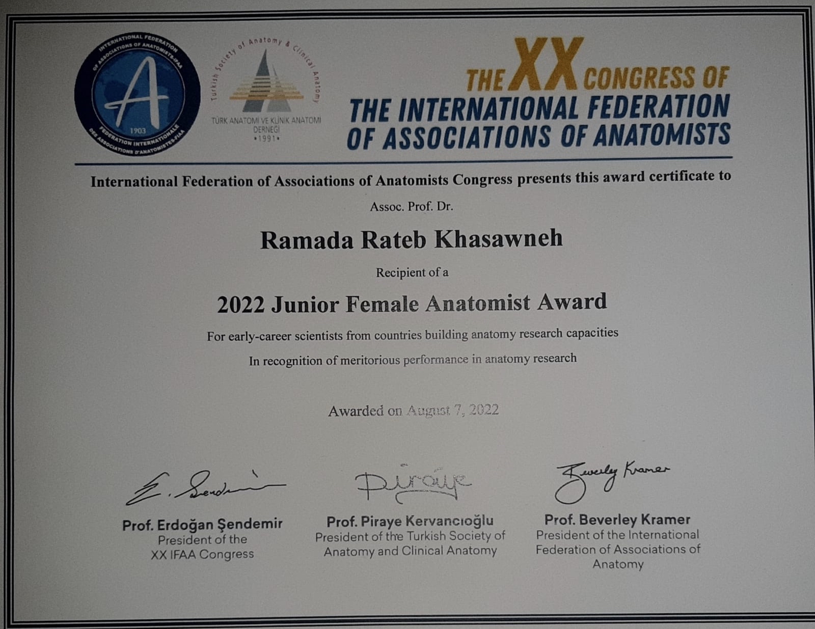 حصول د. رمادا خصاونة على جائزة دولية للبحث العلمي في التشريح